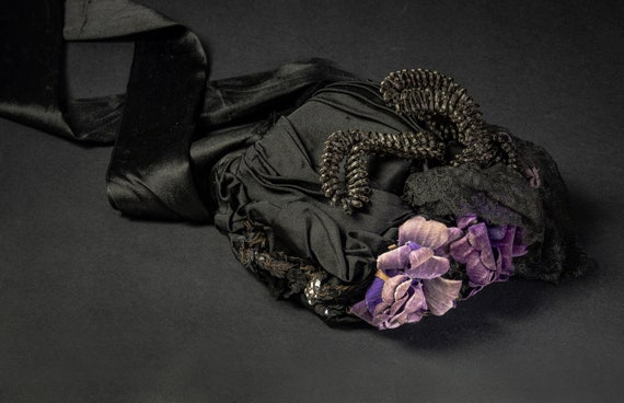 Antique Bonnet/Hat, Original Victorian Black Silk… - image 1