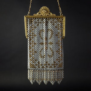 Vintage Mandalian Purse, Original Art Deco Flapper Metal Mesh, Enamel Powder Blue/Gold, Gilt Ornate Frame...