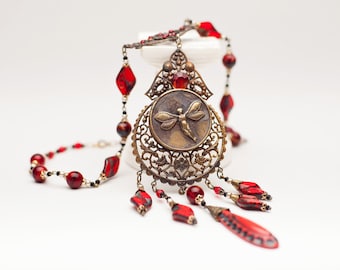 Vintage Pendant Necklace, Original Art Nouveau Style, Czech Red/Black Marbled Glass, Brass Floral Filigree Base...