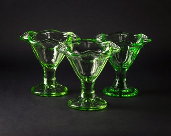 Vintage Sundae Glasses, Original Art Deco Italian Uranium Green Pressed Glass x 3...