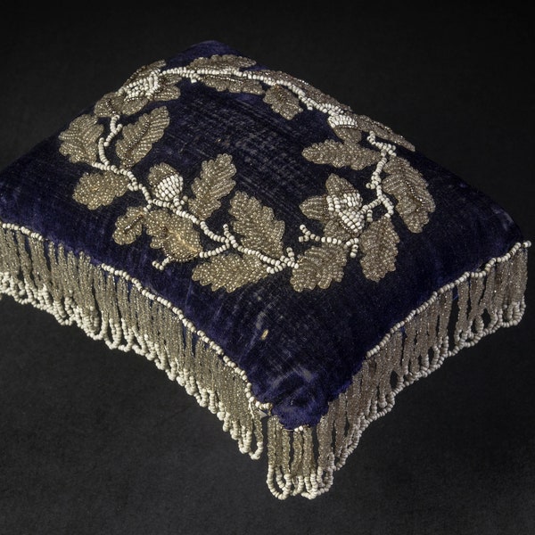 Antique Hat Pin Cushion, Original Victorian Navy Blue Velvet, Glass Beaded Acorn Design, Beaded Fringe...