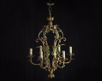 Antique Italian Chandelier, Original Art Nouveau Iron/Tole Greens Gold Gilt Acanthus Leaves Candelabra...