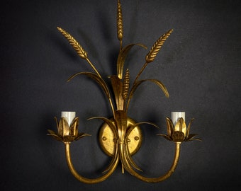 Vintage Wall Sconce, Original Mid-Century Hollywood Regency, Italian Gold Gilt Wheat Sheath Tole, Electric Two Light...