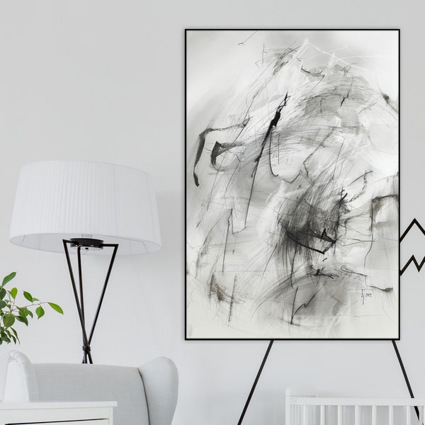 Contemporary Abstract Drawing, Original Pencil Art, Black and White Artwork, Modern Abstraction Fine Art, Gray Expressive Art,