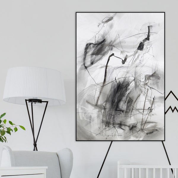 Original Pencil Drawing, Abstract Art Drawing, 40x28 inches, Black and White Abstract Art, Contemporary Achromatic Ink Art,