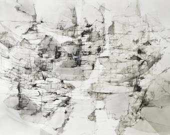 Dibujo abstracto grande original, lápiz de carbón de tinta sobre papel, arte contemporáneo, blanco y negro, diseño de interiores de lujo, interior único,