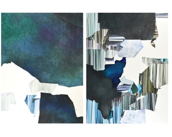 May include: Abstract art painting in shades of blue, green, and white. The painting is divided into two sections, with the left side featuring a dark blue and green background and the right side featuring a white background with blue and green stripes.
