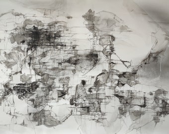 Original Large Drawing, Contemporay Art, Ink Charcoal Pencil on Paper, Unique Black & White Art, Abstract Ink Drawing by Dorota Jedrusik,