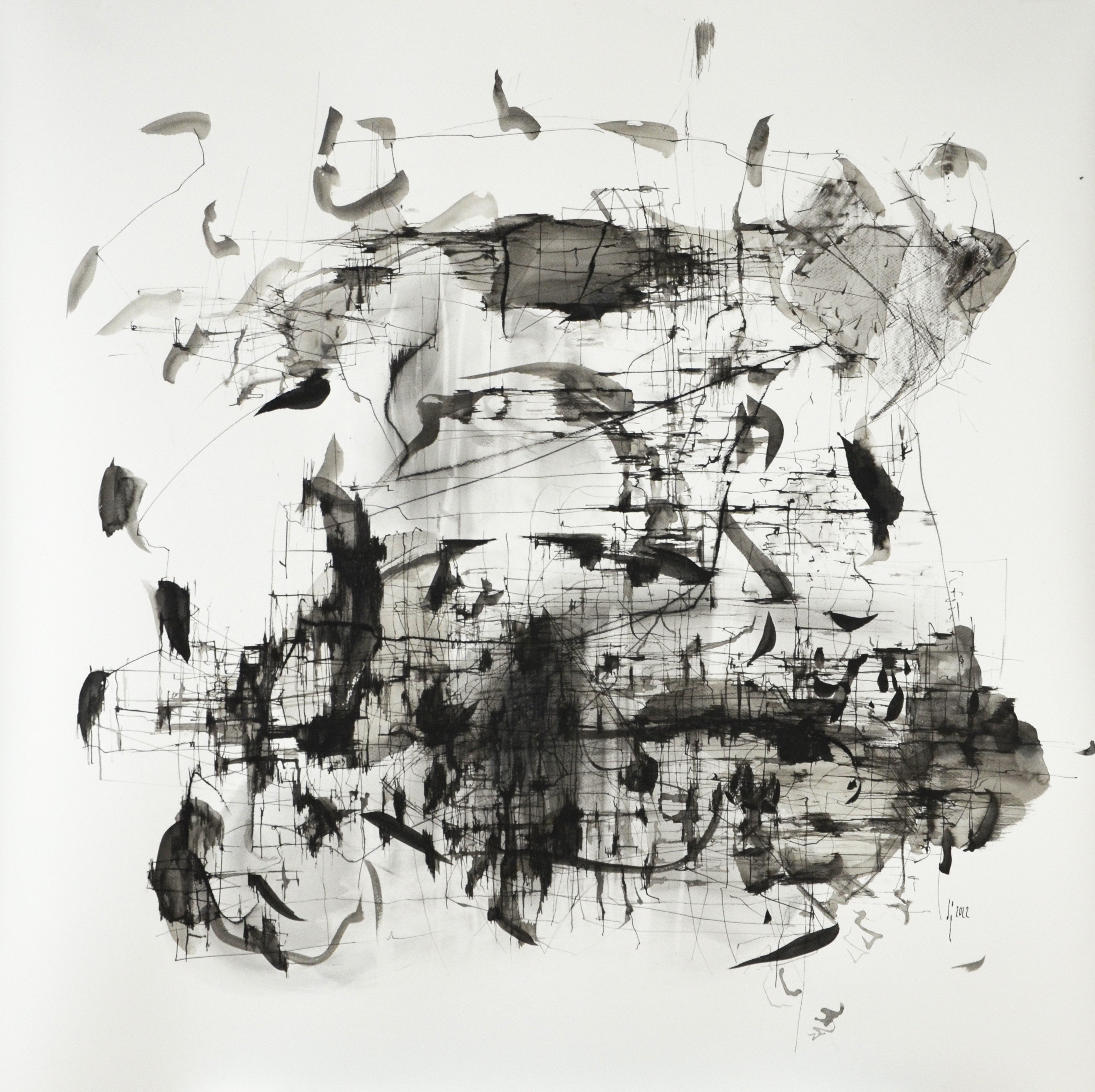 Large Abstract Drawing on Paper, Black and White Contemporary Art, Ink Pencil and Charcoal on Paper, Modern Interior Design, Art Gallery,