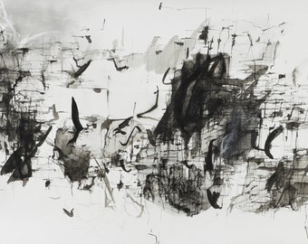 Large Abstract Drawing, Original Art on Paper, Ink Pencil Charcoal on Fabriano Paper,