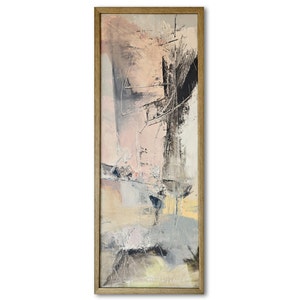 Original Framed Abstract Painting, Contemporary Fine Art, Oil, Canvas, 22x8 inches, Modern Pastel Painting, Grey, Yellow, Pink