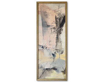 Original Framed Abstract Painting, Contemporary Fine Art, Oil, Canvas, 22x8 inches, Modern Pastel Painting, Grey, Yellow, Pink