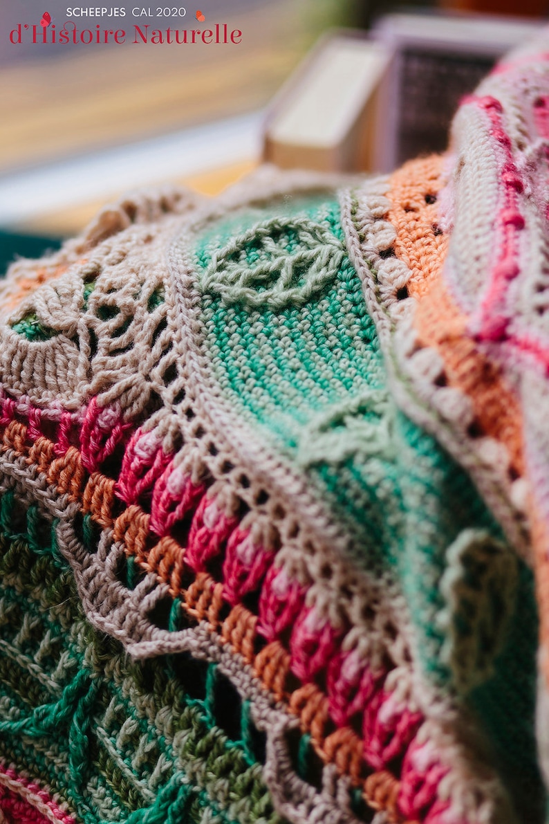 May include: Close-up of a crocheted blanket with a multi-colored pattern. The blanket is made with a variety of stitches and colors, including green, pink, orange, and brown. The blanket is folded in half, and the edges are visible. The text "d'Histoire Naturelle" is visible in the top left corner of the image.