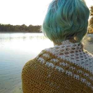 May include: A person with teal blue hair wearing a crocheted shawl with a white and gold pattern. The shawl is draped over the person's shoulders and back. The person is standing in front of a body of water with trees in the background.