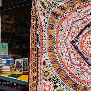 May include: A colorful crocheted mandala blanket with a variety of colors, including pink, orange, yellow, and purple. The blanket is hanging in front of a storefront window with books displayed inside.