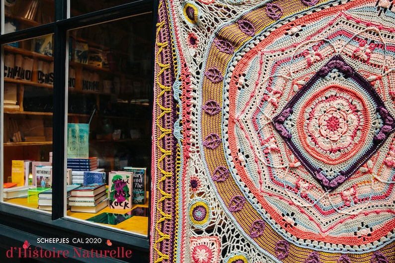 May include: A colorful crocheted mandala blanket with a variety of colors, including pink, orange, yellow, and purple. The blanket is hanging in front of a storefront window with books displayed inside.
