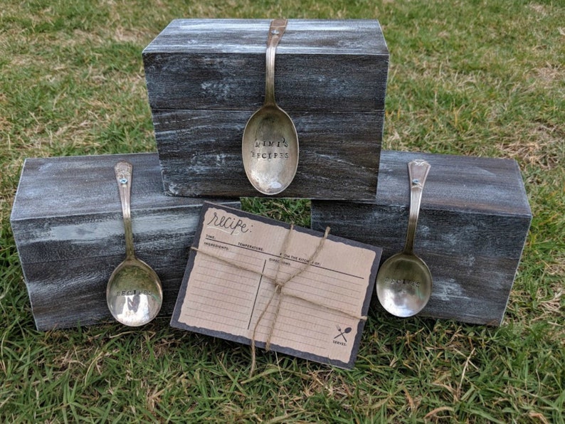 Recipe Box - Personalized - Farmhouse - Stamped Message - Vintage Spoon - Recipes 