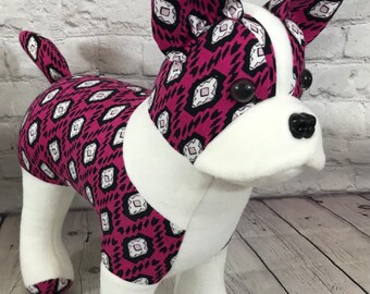 Boston Terrier made from passed loved one’s clothing includes a QR code reading. Custom made by The Sewing Lady’s Closet