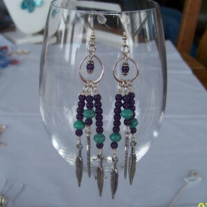 Boho Earrings Purple Green Beaded Earrings Green Purple Dangles Three Leaf Dangles Purple Boho Earrings Hippie Earrings Bead Silver Earwires