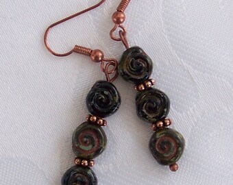 Copper Dangle Earrings with Black, Green, Terracotta