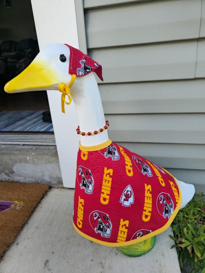 Chiefs Spirit Handmade Porch Goose Outfit –Kansas City Chiefs Dress, Hat/Scarf & Beaded Necklace. Great for porch, classroom, balcony, yard image 6