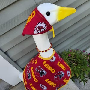 Chiefs Spirit Handmade Porch Goose Outfit –Kansas City Chiefs Dress, Hat/Scarf & Beaded Necklace. Great for porch, classroom, balcony, yard image 4