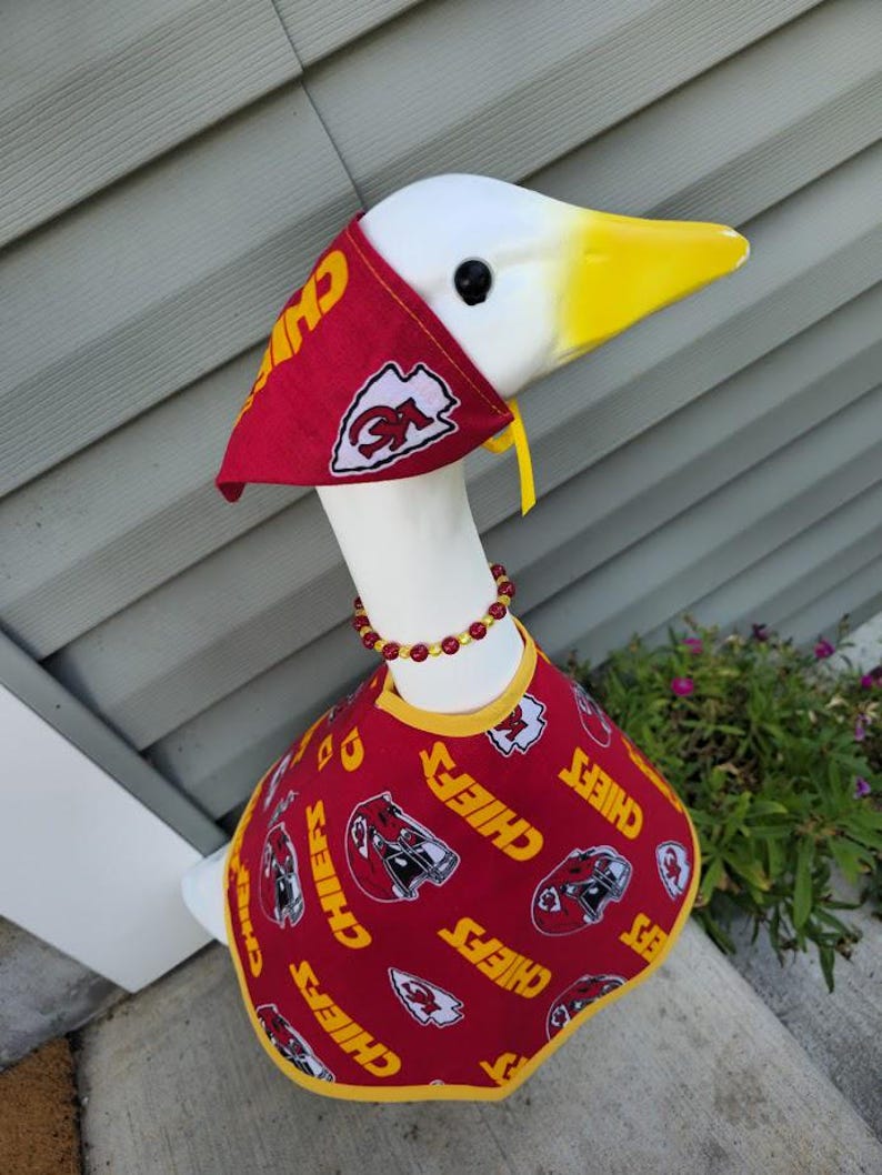 Chiefs Spirit Handmade Porch Goose Outfit –Kansas City Chiefs Dress, Hat/Scarf & Beaded Necklace. Great for porch, classroom, balcony, yard image 4