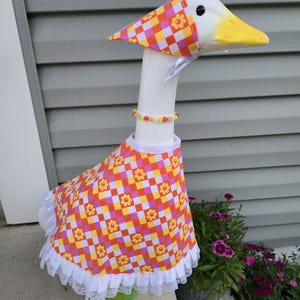 Porch Goose Outfit - Handmade Yellow Orange and Pink Floral Dress with matching Scarf/Hat and necklace - Fits 23 inch Plastic and Cement Goo