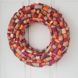 Orange, Maroon and Burlap Ribbon Wreath. Great for events/room decor...sports or fall themed