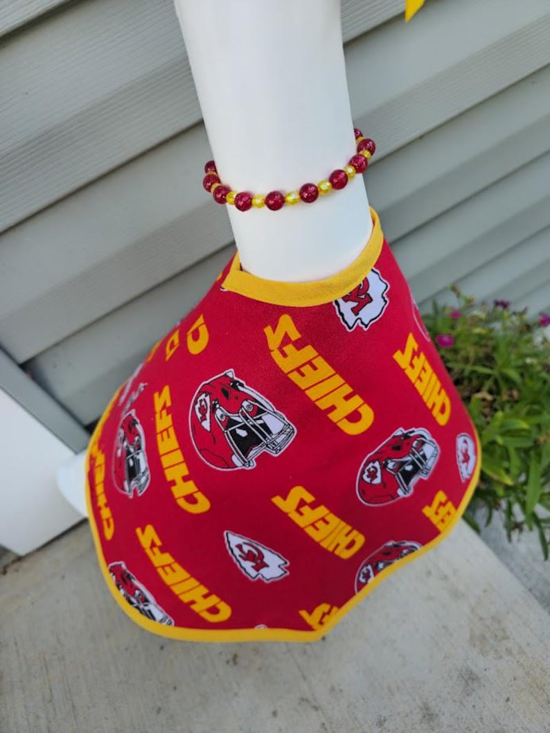 Chiefs Spirit Handmade Porch Goose Outfit –Kansas City Chiefs Dress, Hat/Scarf & Beaded Necklace. Great for porch, classroom, balcony, yard image 3