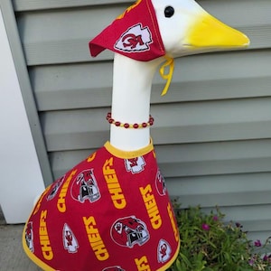Chiefs Spirit Handmade Porch Goose Outfit –Kansas City Chiefs Dress, Hat/Scarf & Beaded Necklace. Great for porch, classroom, balcony, yard image 1