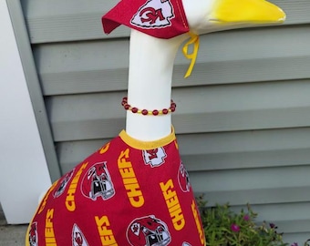 Chiefs Spirit Handmade Porch Goose Outfit –Kansas City Chiefs Dress, Hat/Scarf & Beaded Necklace. Great for porch, classroom, balcony, yard