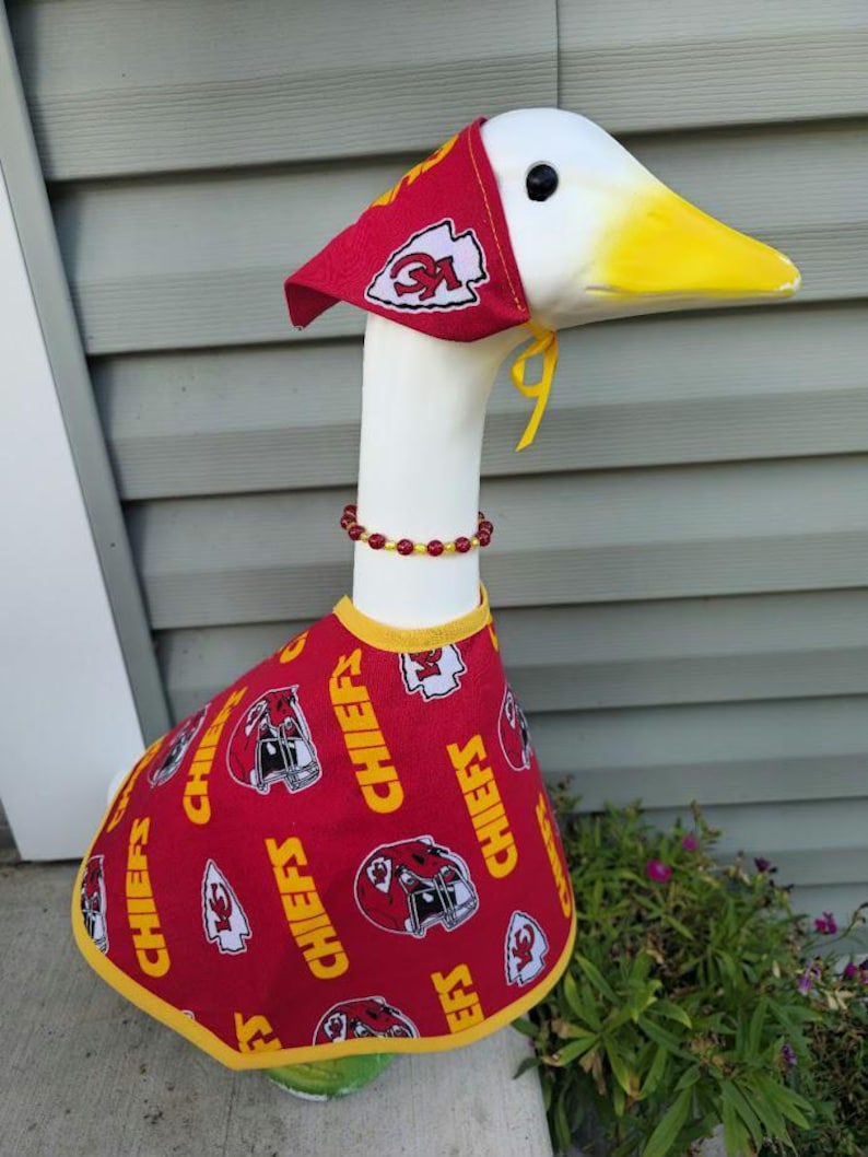 Chiefs Spirit Handmade Porch Goose Outfit –Kansas City Chiefs Dress, Hat/Scarf & Beaded Necklace. Great for porch, classroom, balcony, yard image 1