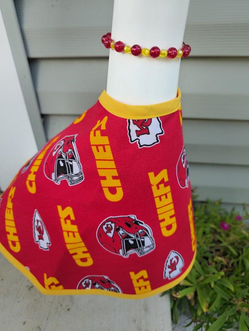 Chiefs Spirit Handmade Porch Goose Outfit –Kansas City Chiefs Dress, Hat/Scarf & Beaded Necklace. Great for porch, classroom, balcony, yard image 2