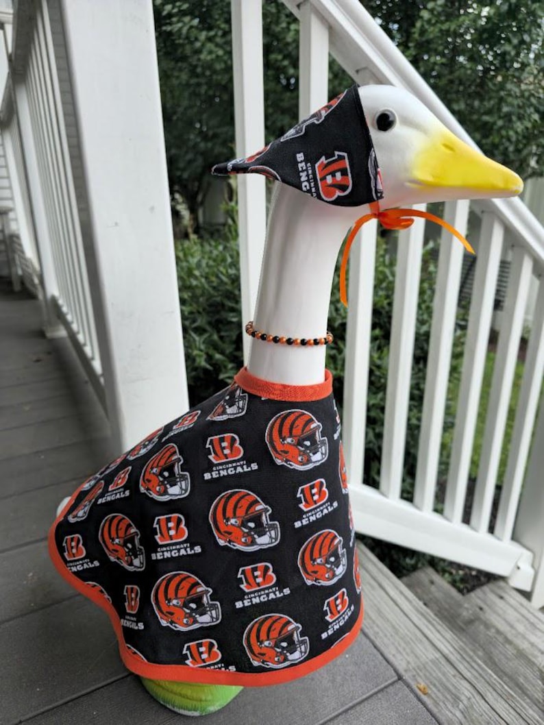 Handmade Porch Goose Outfit- Bengals Dress, matching hat/scarf and necklace. Perfect for porch, yard, lawn, balcony, classroom