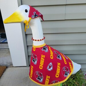 Chiefs Spirit Handmade Porch Goose Outfit –Kansas City Chiefs Dress, Hat/Scarf & Beaded Necklace. Great for porch, classroom, balcony, yard image 7