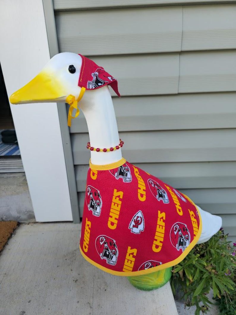 Chiefs Spirit Handmade Porch Goose Outfit –Kansas City Chiefs Dress, Hat/Scarf & Beaded Necklace. Great for porch, classroom, balcony, yard image 7