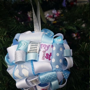 Light Blue Baby&#39;s First Christmas Ribbon Topiary-style Ornament - Great for the Holidays or as a gift for a new arrival!