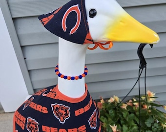 Bears Handmade Porch Goose Outfit – Chicago Bears Print Dress, Matching Hat & Necklace.  Great for porch, balcony, classroom, yard and dorm