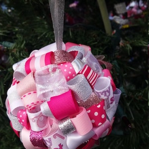 Light Pink Baby&#39;s First Christmas Ribbon Topiary-style Ornament - Great for the Holidays or as a gift for a new arrival!
