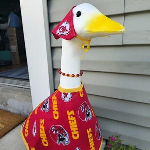 Chiefs Spirit Handmade Porch Goose Outfit –Kansas City Chiefs Dress, Hat/Scarf & Beaded Necklace. Great for porch, classroom, balcony, yard image 5