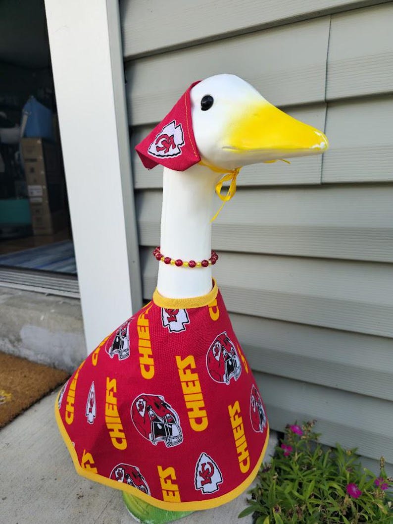 Chiefs Spirit Handmade Porch Goose Outfit –Kansas City Chiefs Dress, Hat/Scarf & Beaded Necklace. Great for porch, classroom, balcony, yard image 5