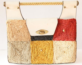 Vintage 1960s Giant Handbag One of a Kind Rare Woven Color Block Leather Mexican Handbag