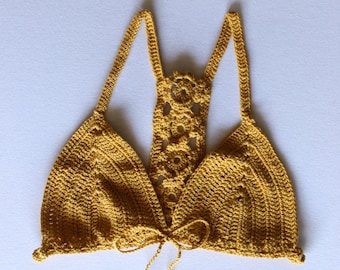 Ocher Crochet Crop Top, Boho Hippie yellow Crochet Top, crossed back bralette, crochet bikini top