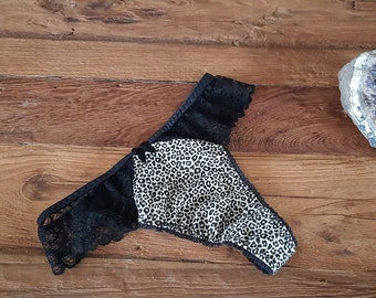 Nora thong, beige and black leopard print thong with lace