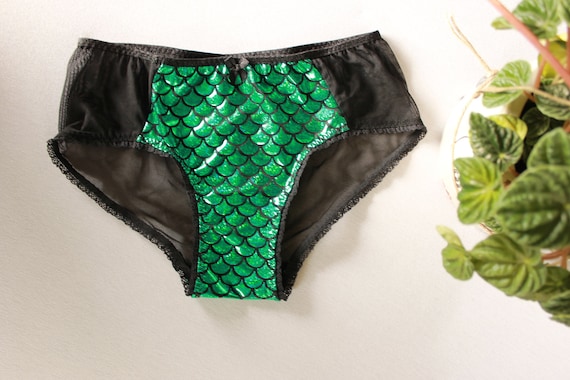 Green Mermaid Panties, Sparkly Fishscale Knickers, Hologram