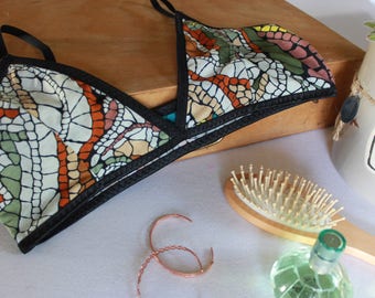 Mosaic print bralette, bohochic colorful soft bra, hippie triangle bra.