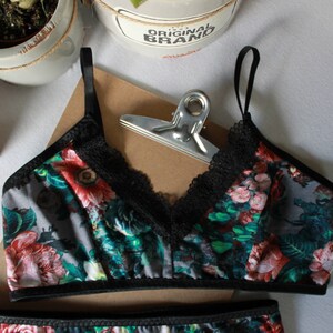 Dark floral bralette, bohemian gothic lingerie, modern hippie crop top image 2