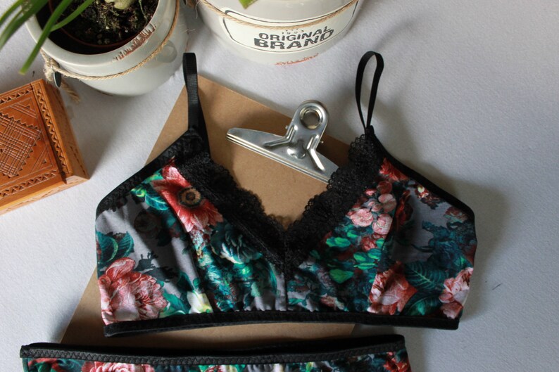 Dark floral bralette, bohemian gothic lingerie, modern hippie crop top image 2