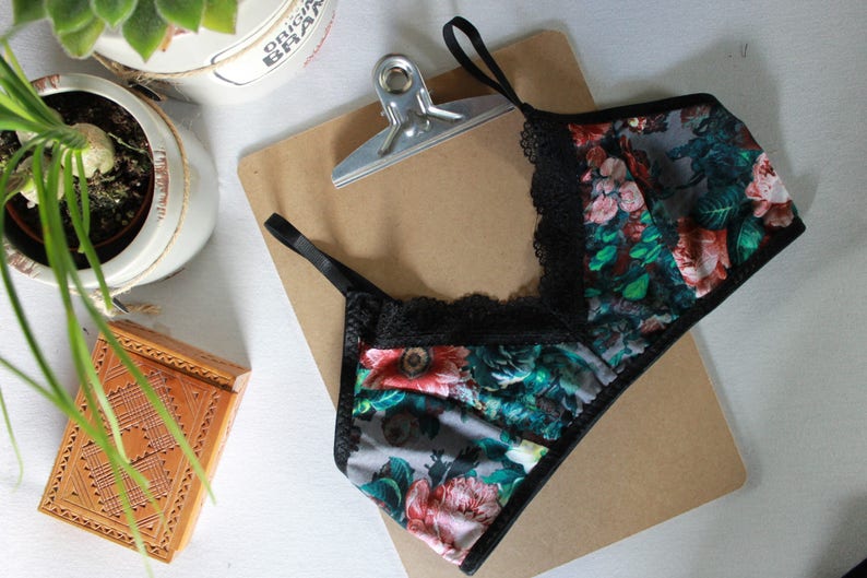 Dark floral bralette, bohemian gothic lingerie, modern hippie crop top image 1